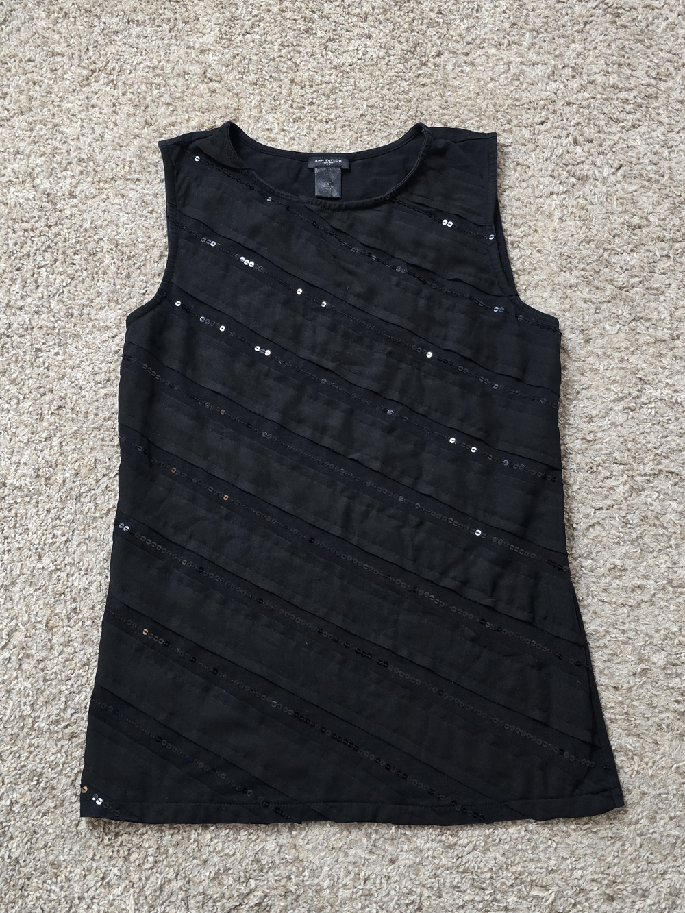 Ann Taylor Black Sequin Accent Round Neck Cotton Knit Stretch Tank Top Women’s S